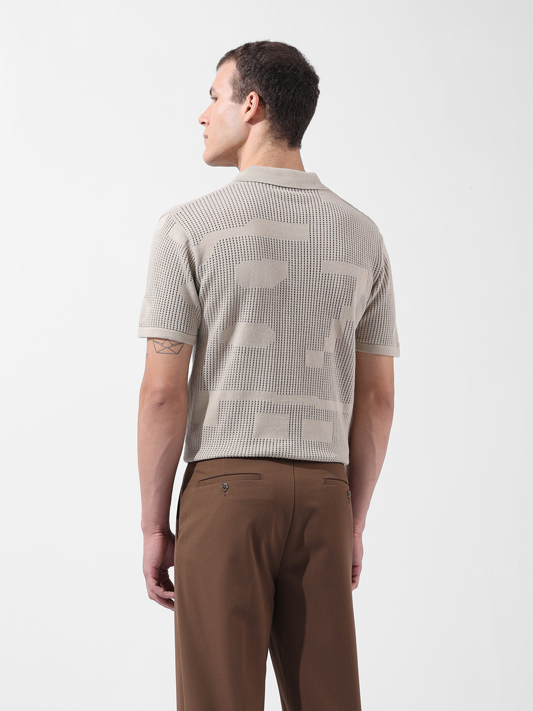 Men's Beige Slim Fit Textured Flat Knit Polo Collar T-Shirt