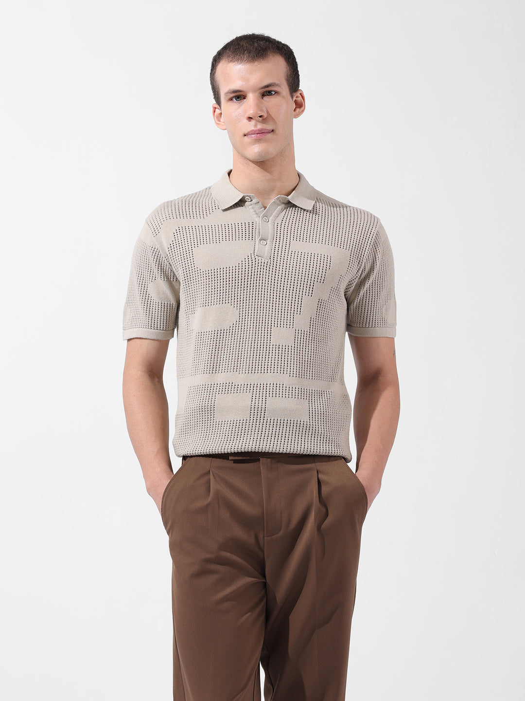 Men's Beige Slim Fit Textured Flat Knit Polo Collar T-Shirt