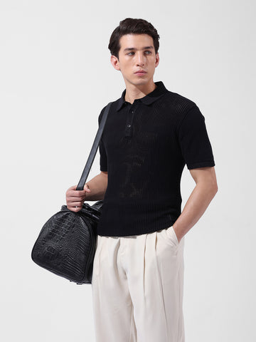 Men's Black Slim Fit Textured Flat Knit Polo Collar T-Shirt