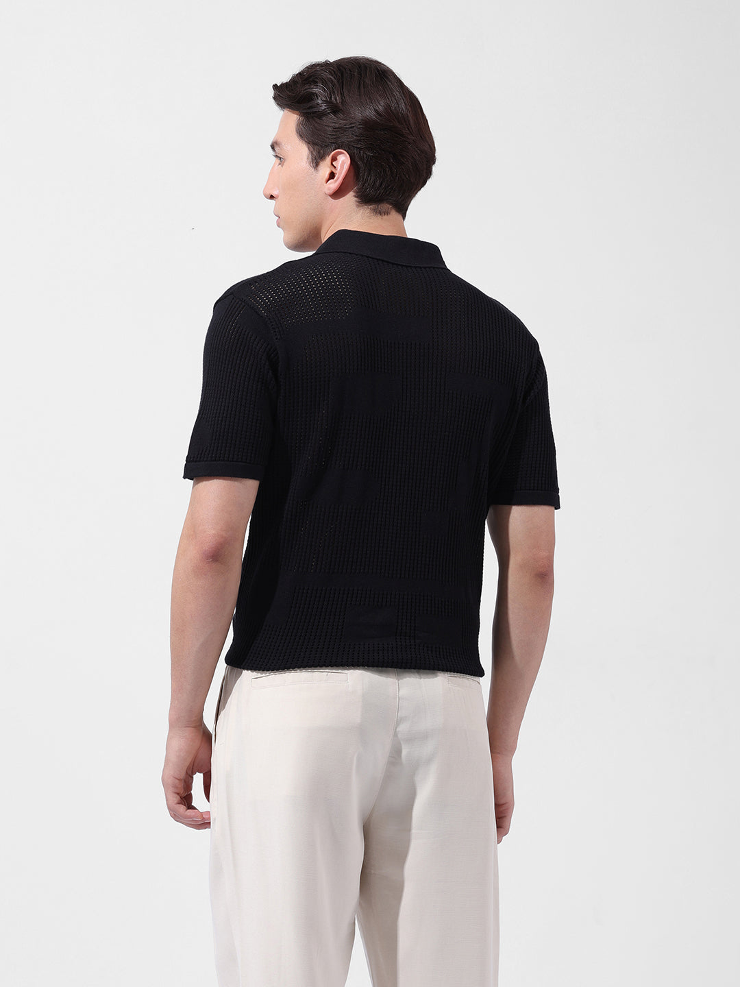 Men's Black Slim Fit Textured Flat Knit Polo Collar T-Shirt