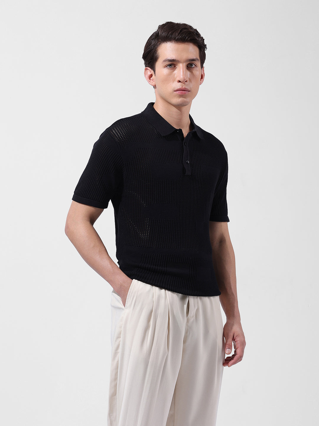 Men's Black Slim Fit Textured Flat Knit Polo Collar T-Shirt