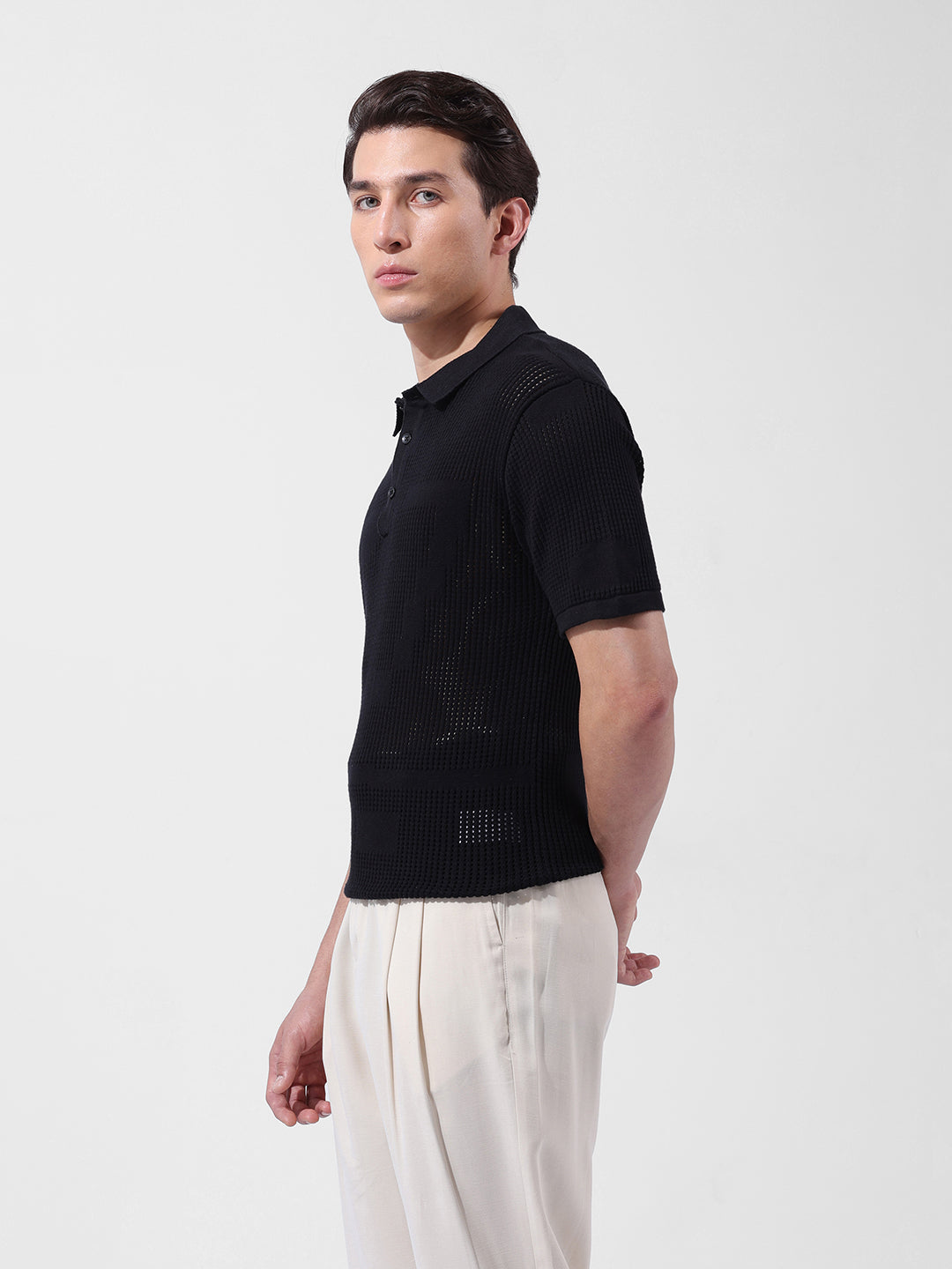Men's Black Slim Fit Textured Flat Knit Polo Collar T-Shirt