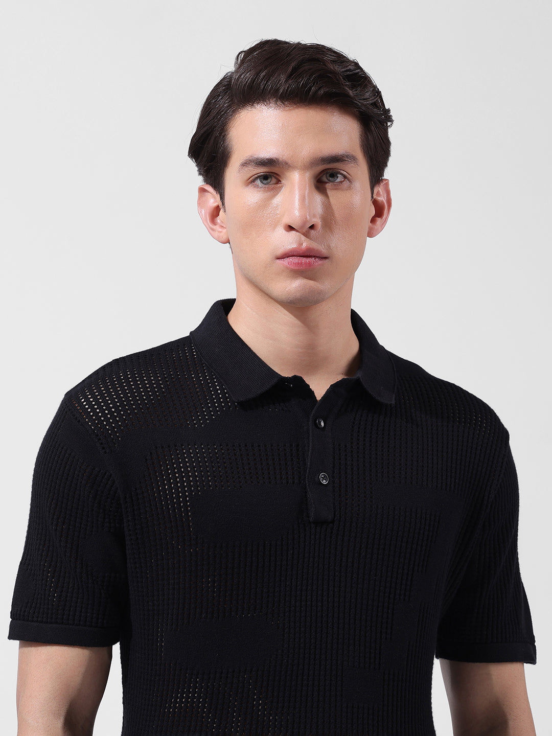 Men's Black Slim Fit Textured Flat Knit Polo Collar T-Shirt