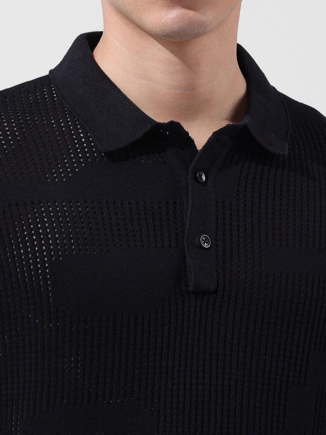 Men's Black Slim Fit Textured Flat Knit Polo Collar T-Shirt