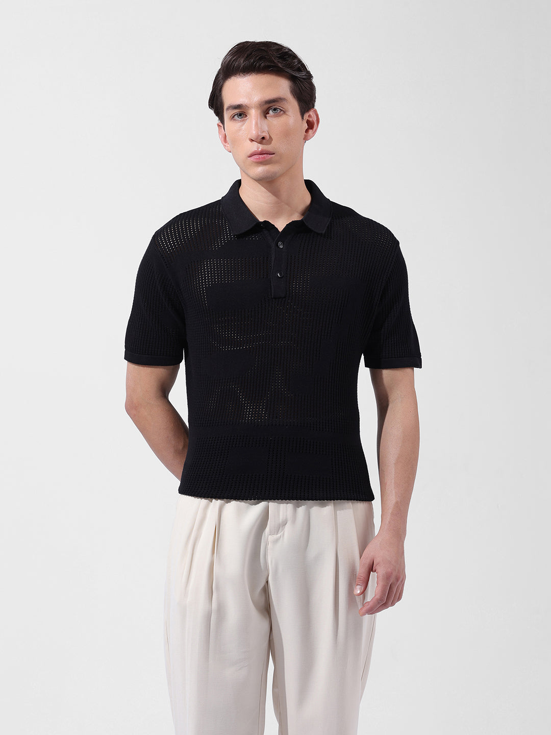 Men's Black Slim Fit Textured Flat Knit Polo Collar T-Shirt