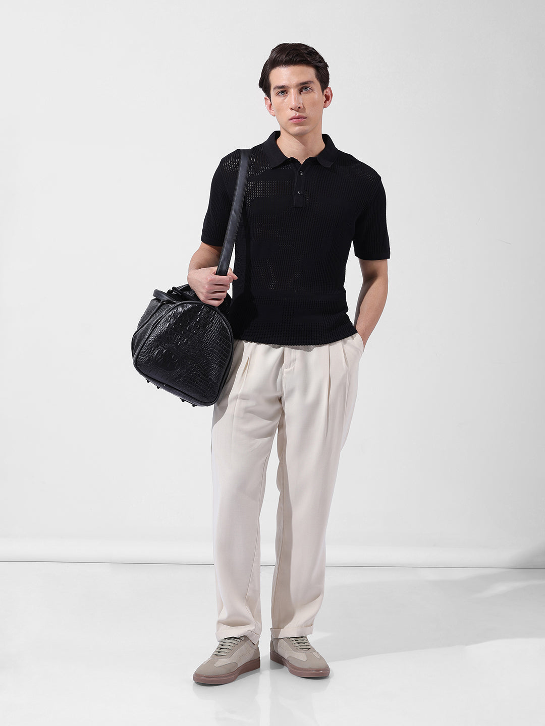 Men's Black Slim Fit Textured Flat Knit Polo Collar T-Shirt