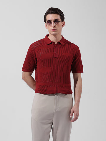 Men's Maroon Slim Fit Textured Flat Knit Polo Collar T-Shirt