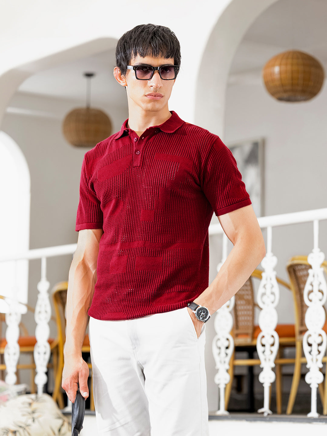 Men's Maroon Slim Fit Textured Flat Knit Polo Collar T-Shirt