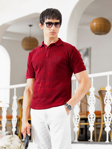 Men's Maroon Slim Fit Textured Flat Knit Polo Collar T-Shirt