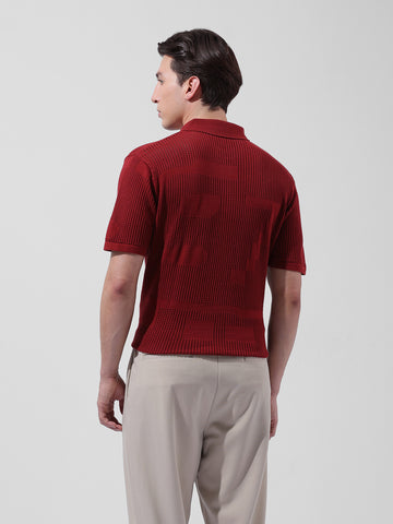 Men's Maroon Slim Fit Textured Flat Knit Polo Collar T-Shirt