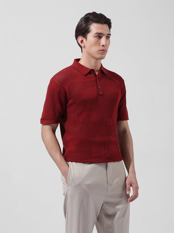 Men's Maroon Slim Fit Textured Flat Knit Polo Collar T-Shirt