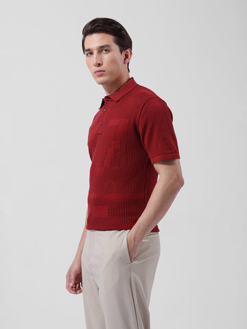 Men's Maroon Slim Fit Textured Flat Knit Polo Collar T-Shirt