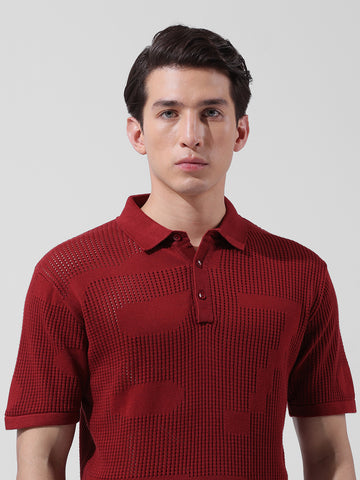 Men's Maroon Slim Fit Textured Flat Knit Polo Collar T-Shirt