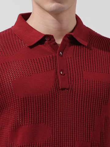 Men's Maroon Slim Fit Textured Flat Knit Polo Collar T-Shirt