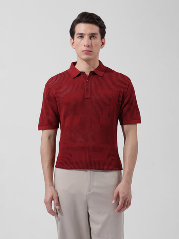 Men's Maroon Slim Fit Textured Flat Knit Polo Collar T-Shirt