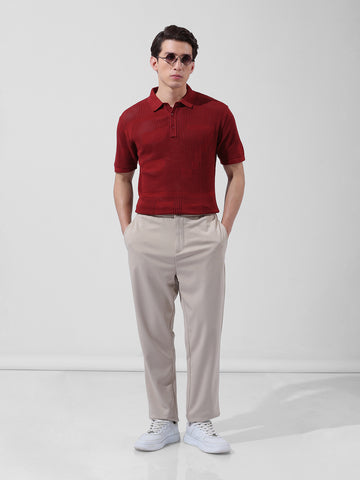 Men's Maroon Slim Fit Textured Flat Knit Polo Collar T-Shirt