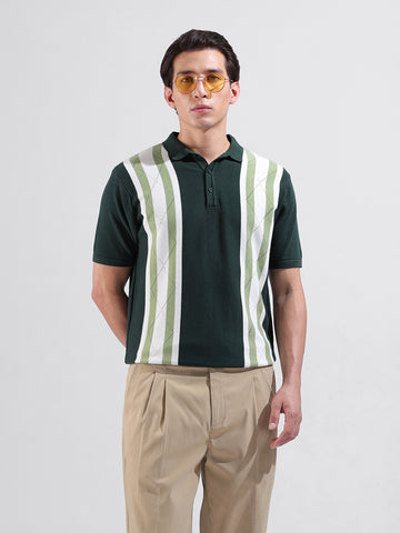 Men's Green Slim Fit Textured Flat Knit Polo Collar T-Shirt