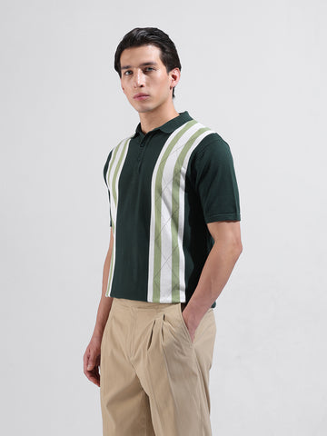 Men's Green Slim Fit Textured Flat Knit Polo Collar T-Shirt