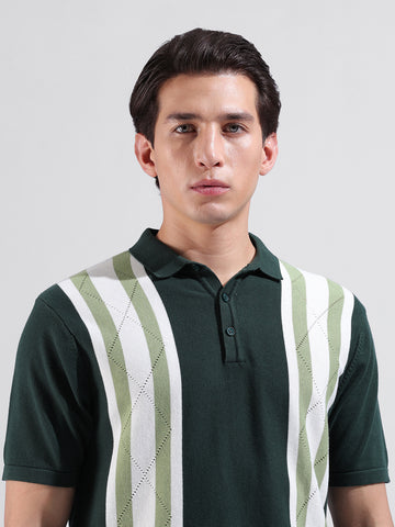Men's Green Slim Fit Textured Flat Knit Polo Collar T-Shirt