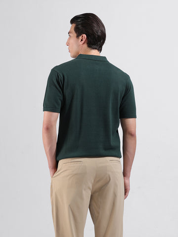 Men's Green Slim Fit Textured Flat Knit Polo Collar T-Shirt