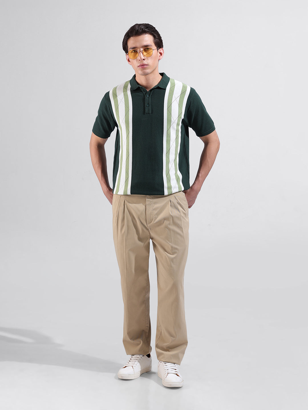 Men's Green Slim Fit Textured Flat Knit Polo Collar T-Shirt