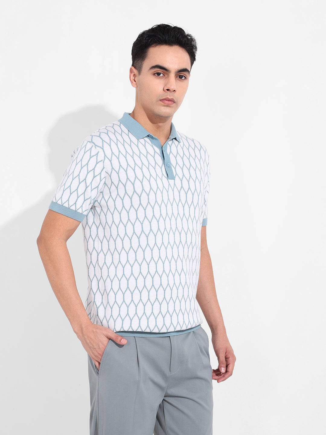 Men's White Slim Fit Textured Flat Knit T-Shirt
