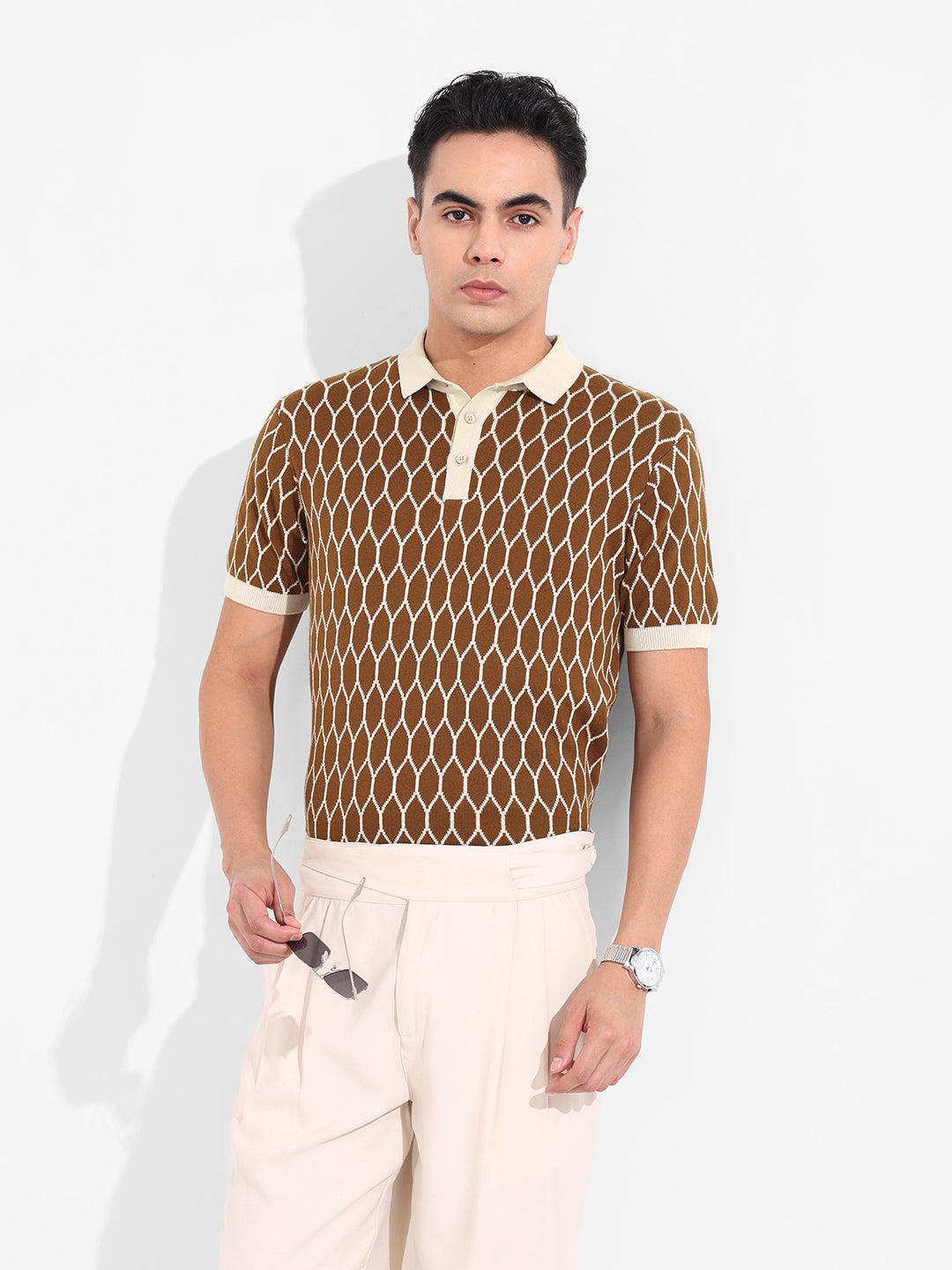 Men's Brown Slim Fit Textured Flat Knit T-Shirt