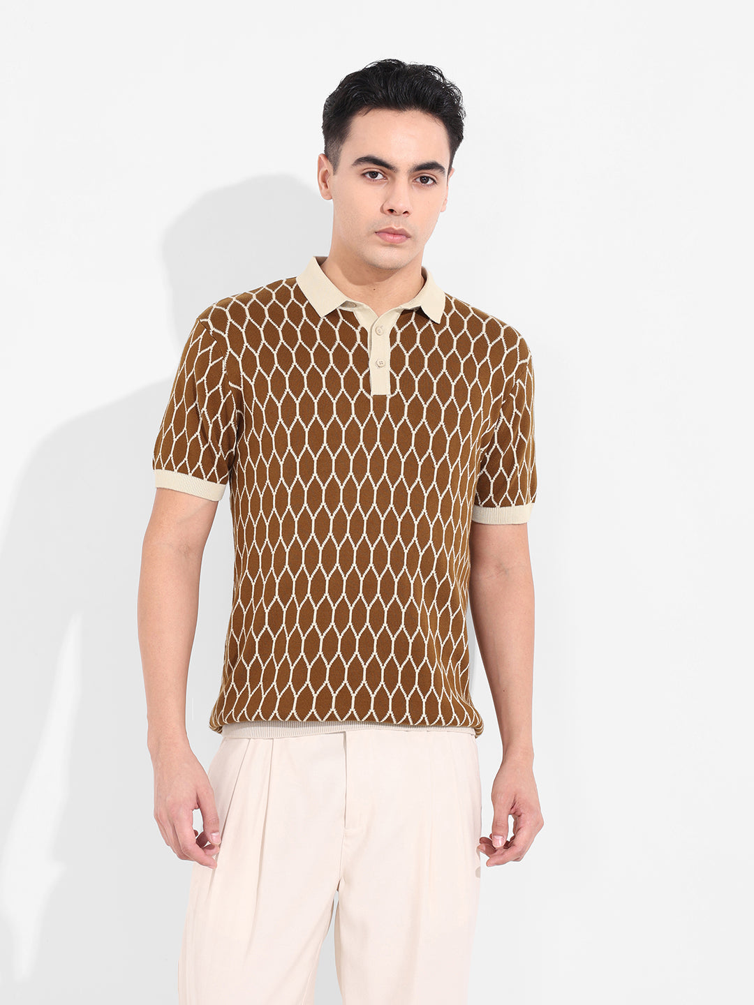 Men's Brown Slim Fit Textured Flat Knit T-Shirt
