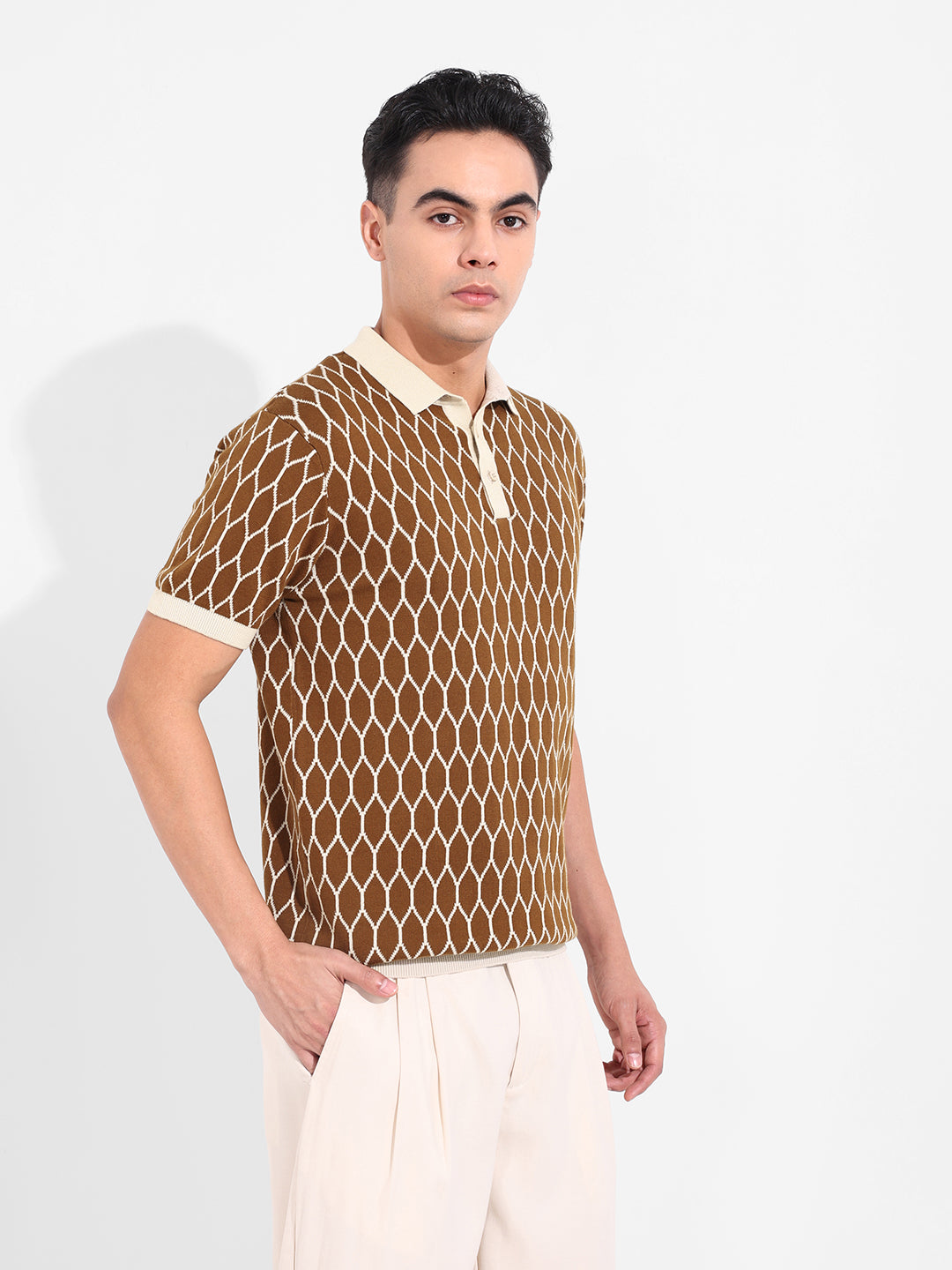 Men's Brown Slim Fit Textured Flat Knit T-Shirt