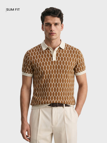 Men's Brown Slim Fit Printed Flat Knit Polo T-Shirt