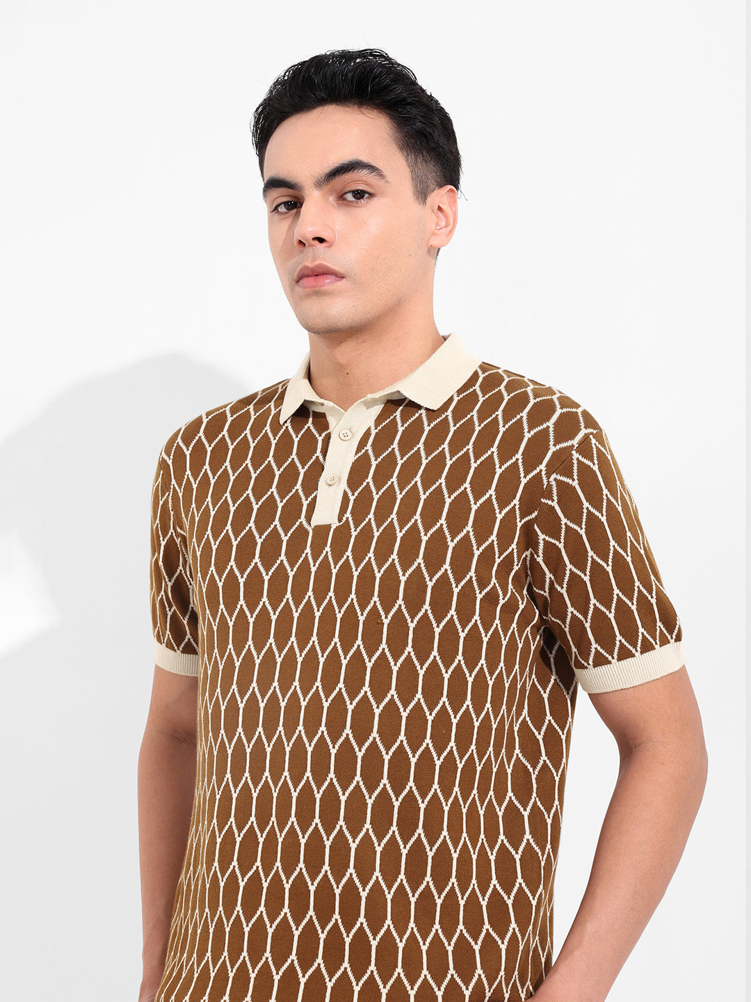 Men's Brown Slim Fit Textured Flat Knit T-Shirt