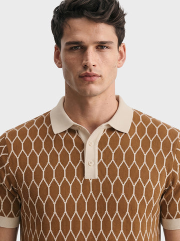 Men's Brown Slim Fit Printed Flat Knit Polo T-Shirt