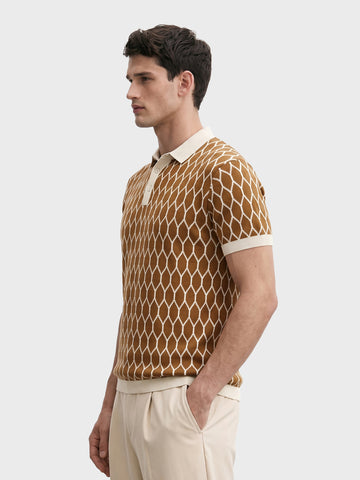 Men's Brown Slim Fit Printed Flat Knit Polo T-Shirt