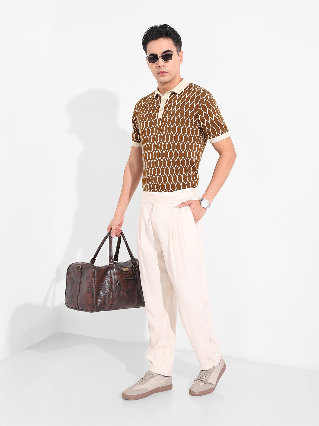 Men's Brown Slim Fit Textured Flat Knit T-Shirt