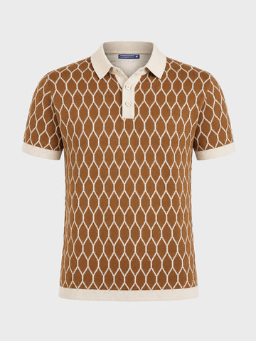 Men's Brown Slim Fit Printed Flat Knit Polo T-Shirt