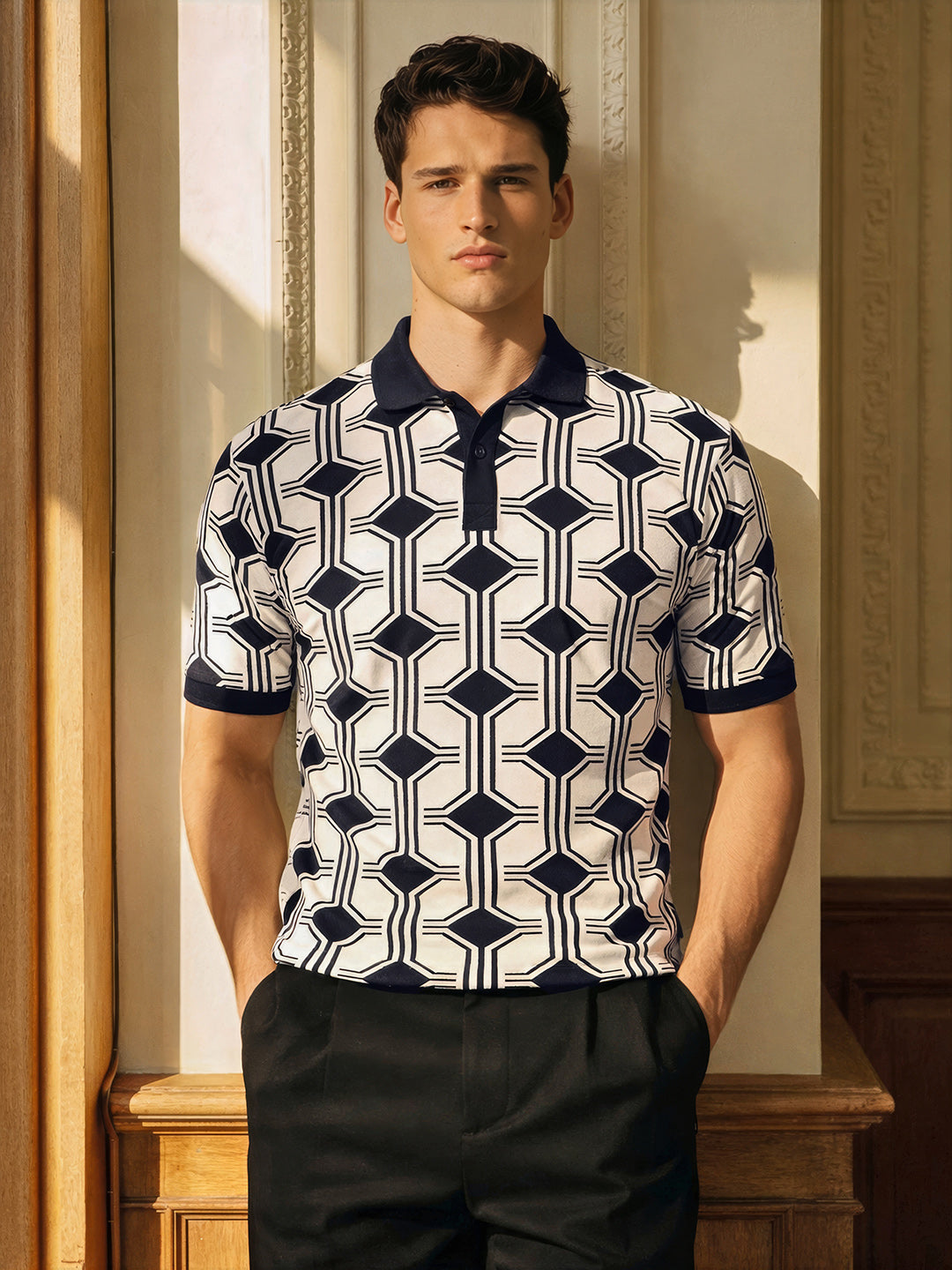 Men's White Slim Fit Textured Flat Knit Polo Collar T-Shirt