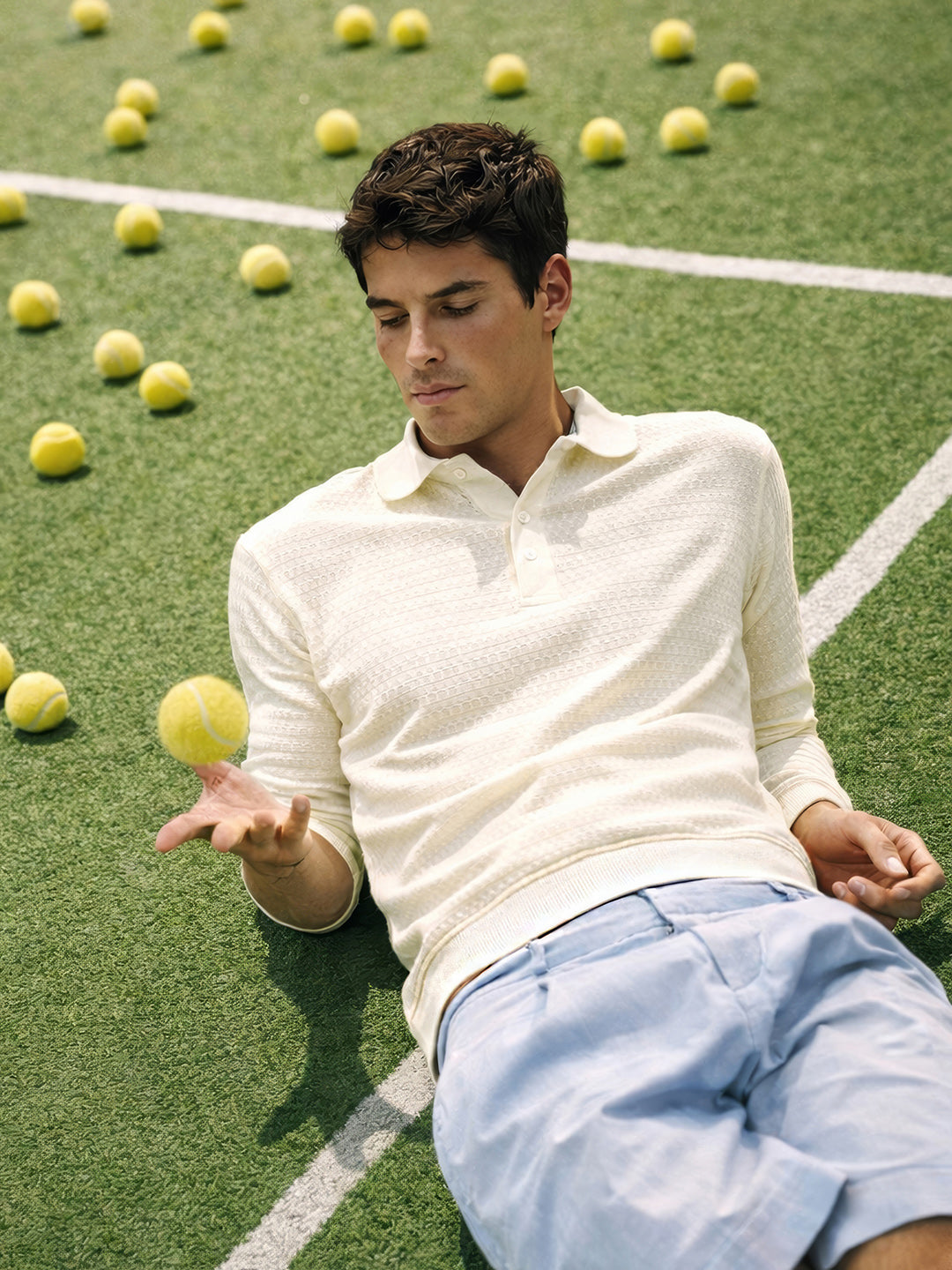 Men's White Slim Fit Textured Flat Knit Polo Collar T-Shirt