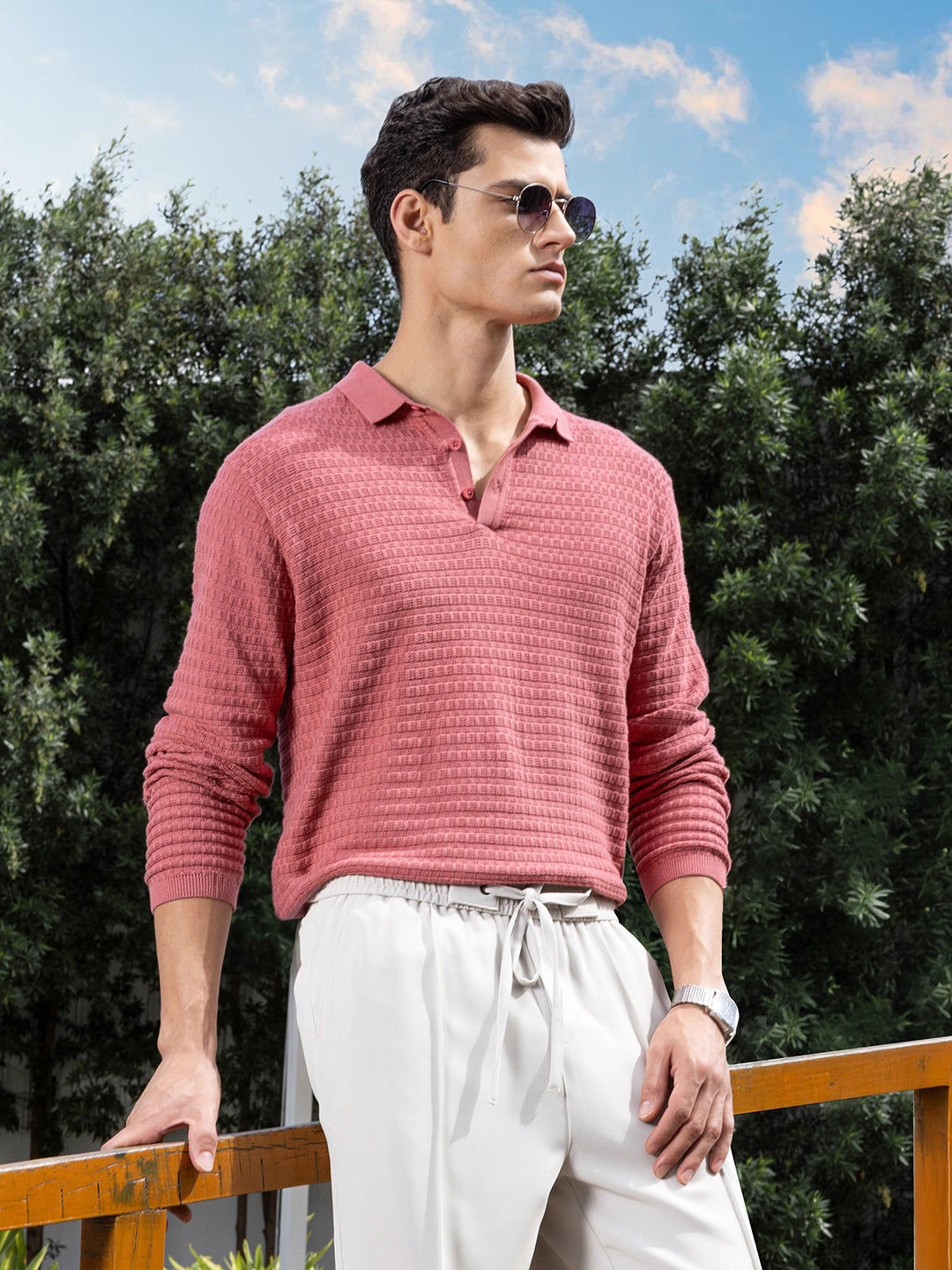 Men's Pink Slim Fit Textured Flat Knit Polo Collar T-Shirt