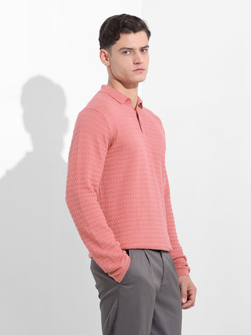 Men's Pink Slim Fit Textured Flat Knit Polo Collar T-Shirt