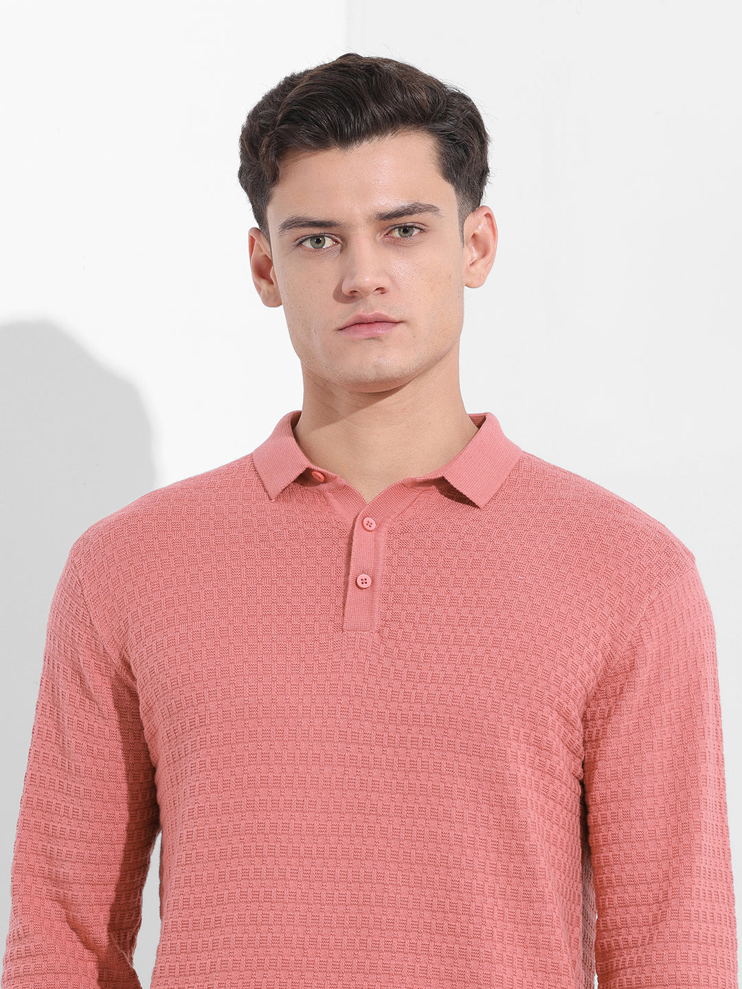 Men's Pink Slim Fit Textured Flat Knit Polo Collar T-Shirt
