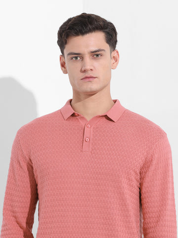 Men's Pink Slim Fit Textured Flat Knit Polo Collar T-Shirt