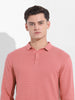 Men's Pink Slim Fit Textured Flat Knit Polo Collar T-Shirt