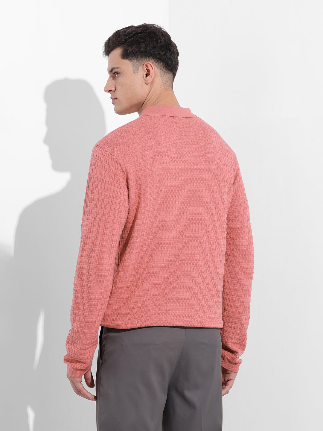 Men's Pink Slim Fit Textured Flat Knit Polo Collar T-Shirt