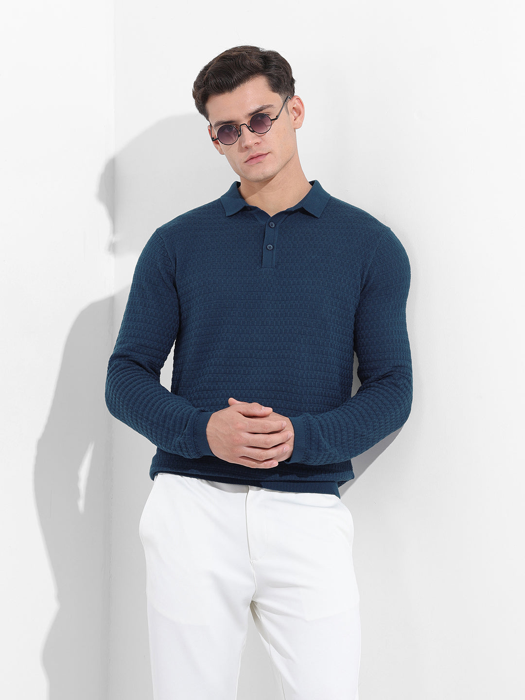 Men's Blue Slim Fit Textured Flat Knit Polo Collar T-Shirt