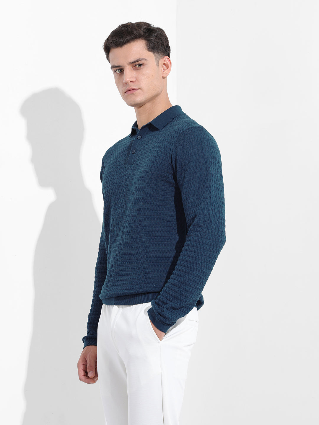 Men's Blue Slim Fit Textured Flat Knit Polo Collar T-Shirt