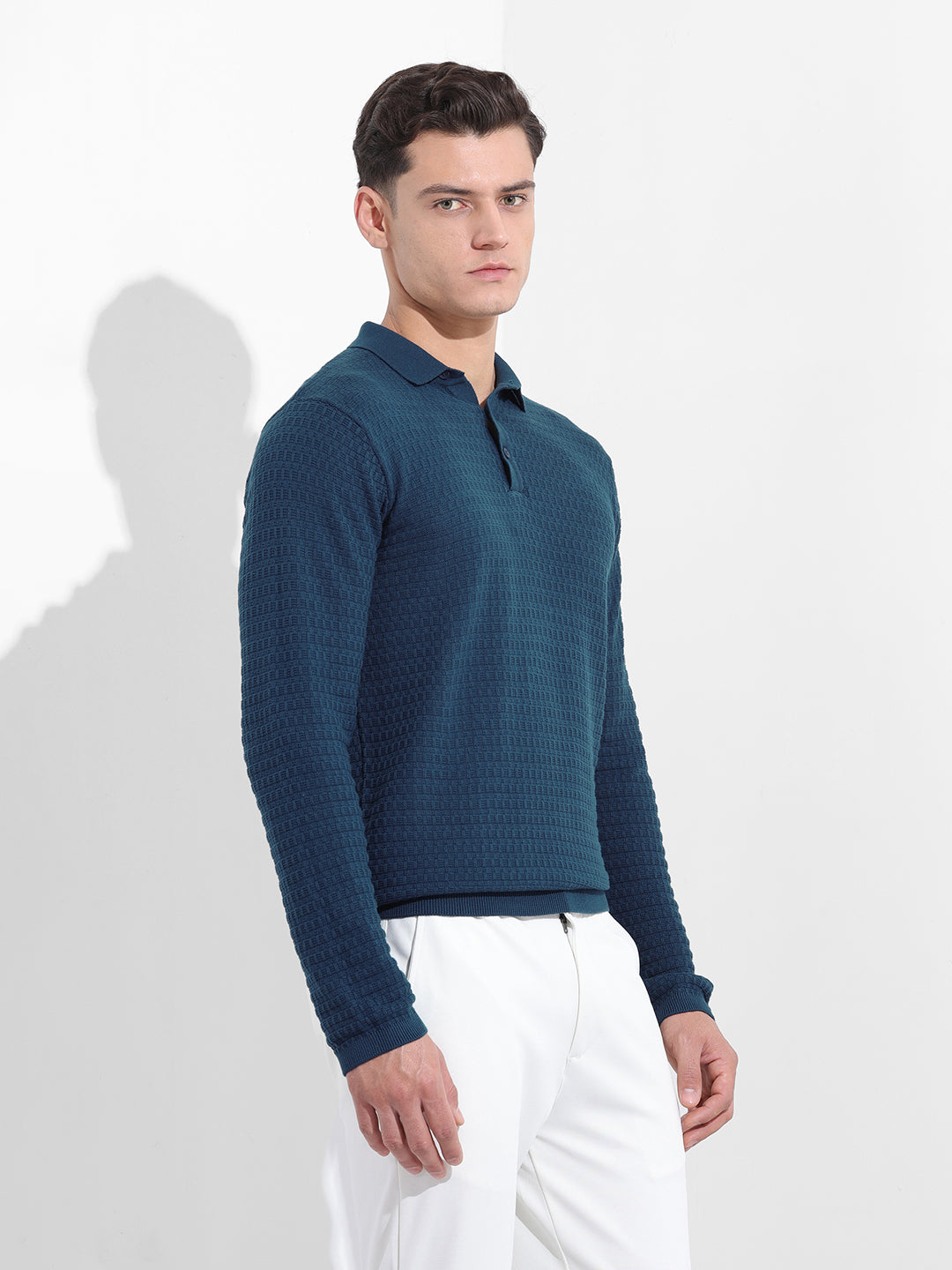Men's Blue Slim Fit Textured Flat Knit Polo Collar T-Shirt