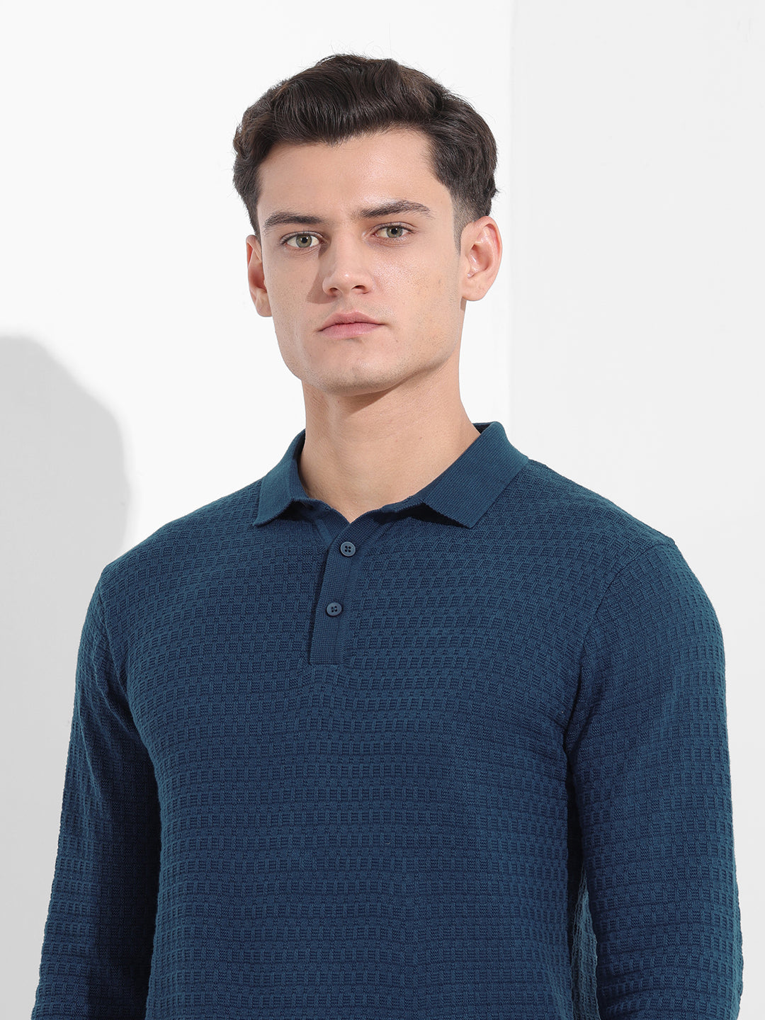 Men's Blue Slim Fit Textured Flat Knit Polo Collar T-Shirt