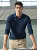 Men's Blue Slim Fit Striped Flat Knit Polo T-Shirt