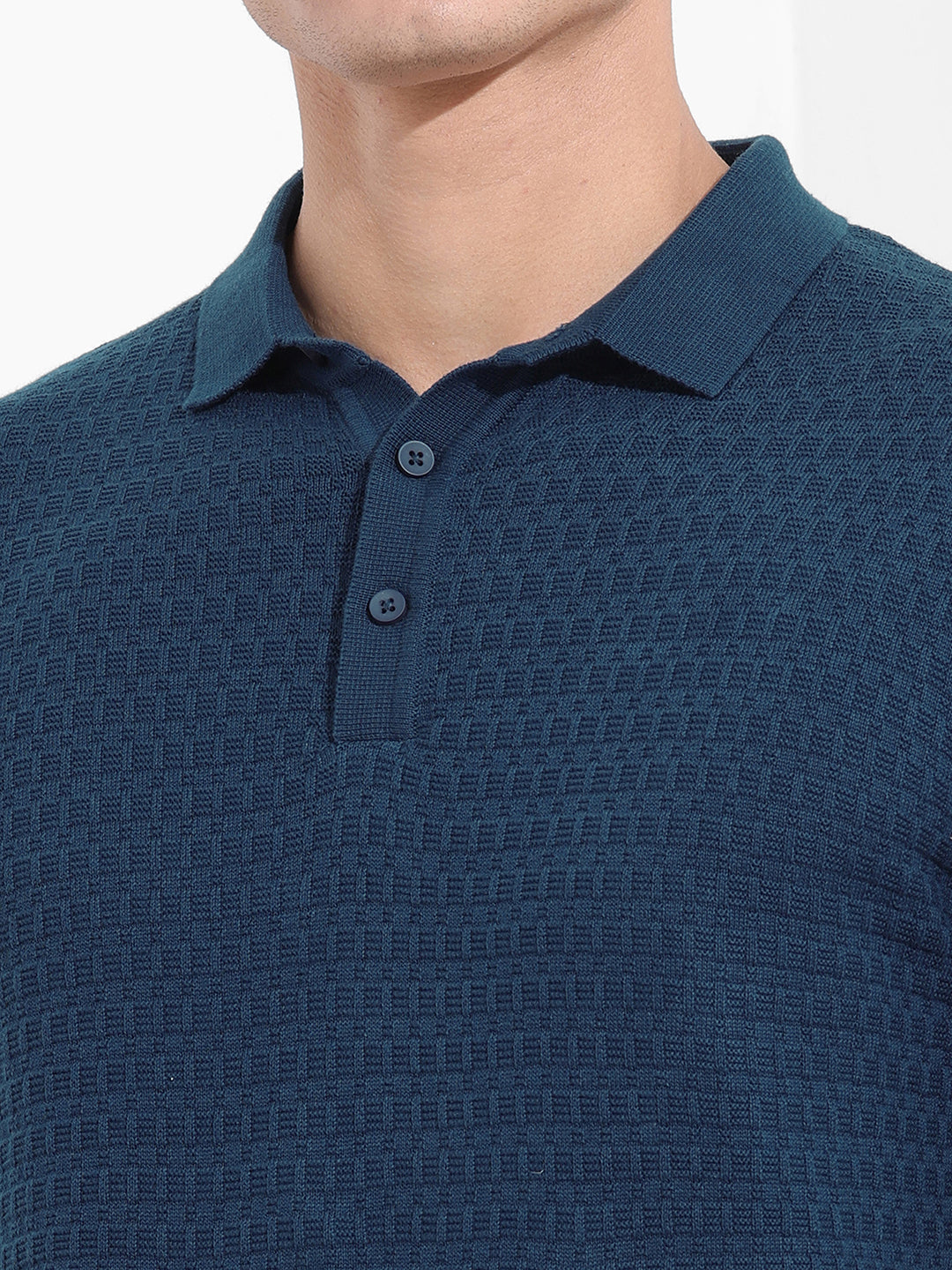 Men's Blue Slim Fit Textured Flat Knit Polo Collar T-Shirt
