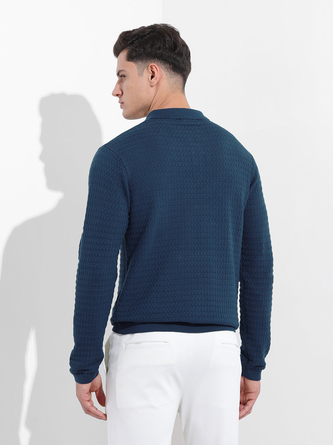 Men's Blue Slim Fit Textured Flat Knit Polo Collar T-Shirt